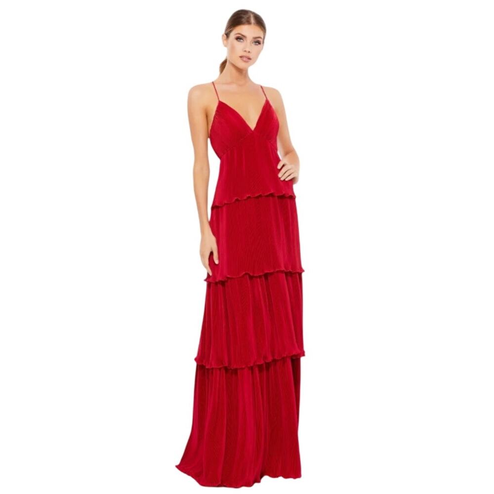 NWT Mac Duggal Red Spaghetti Strap Ruffle Layered Maxi Dress, Sz 4 - Picture 1 of 10